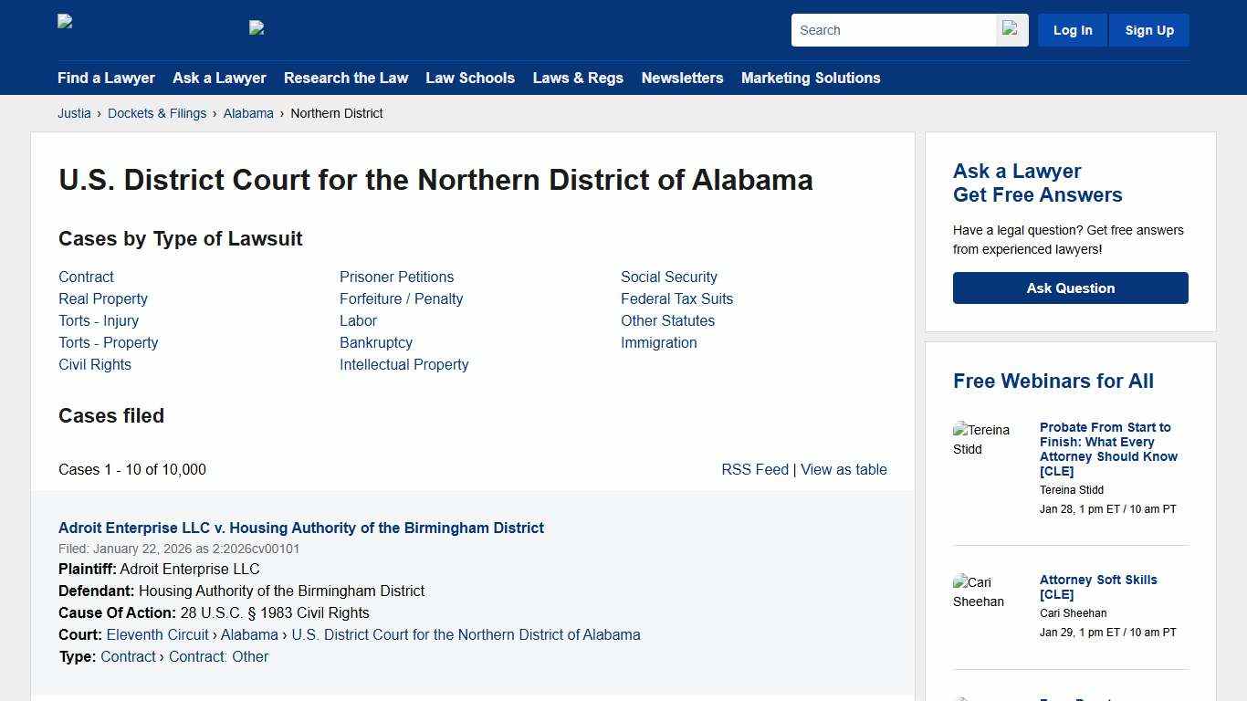 Cases, Dockets and Filings in the U.S. District Court for the Northern District of Alabama Justia Dockets & Filings