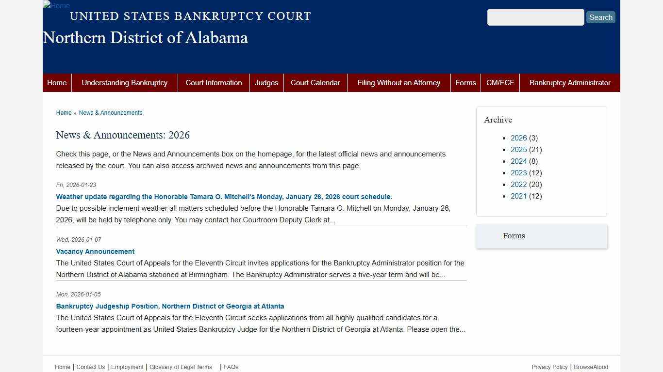 News & Announcements: 2026 Northern District of Alabama United States Bankruptcy Court